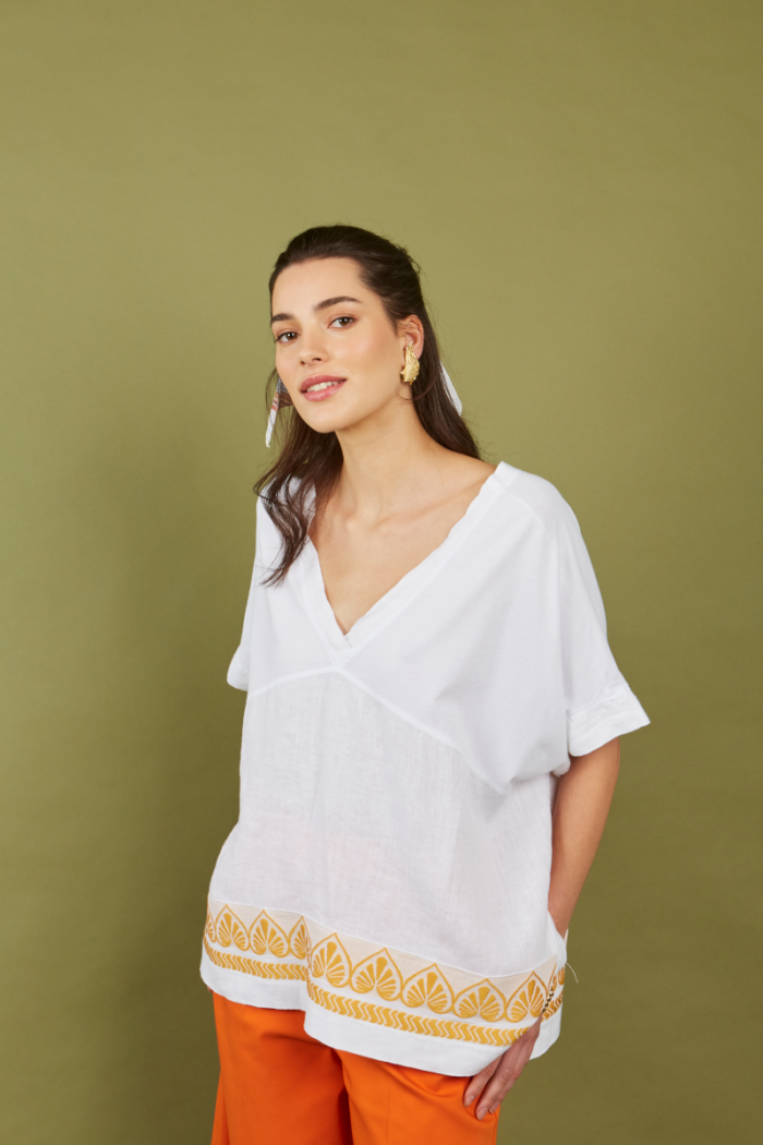 NEMA Linen Blouse with Embroidered Hems