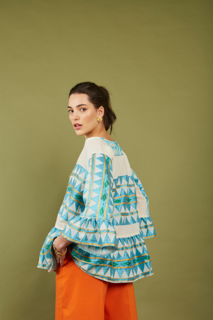 NEMA Emory Embroidery Top Ecru&Turquoise