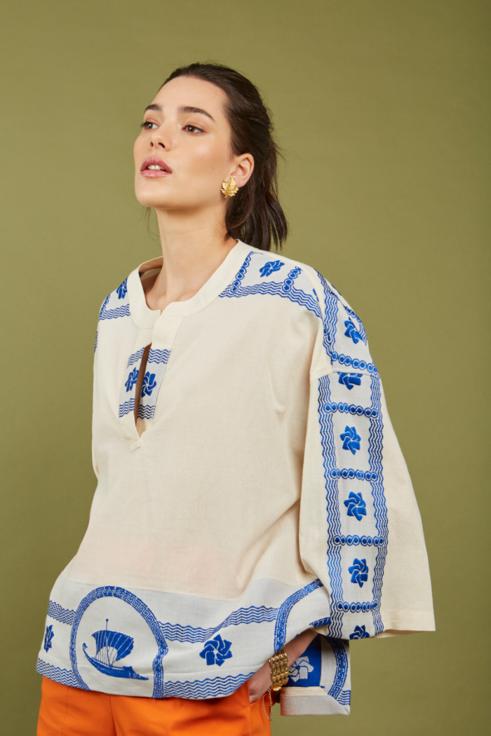 NEMA Giana Embroidery Top White&Blue