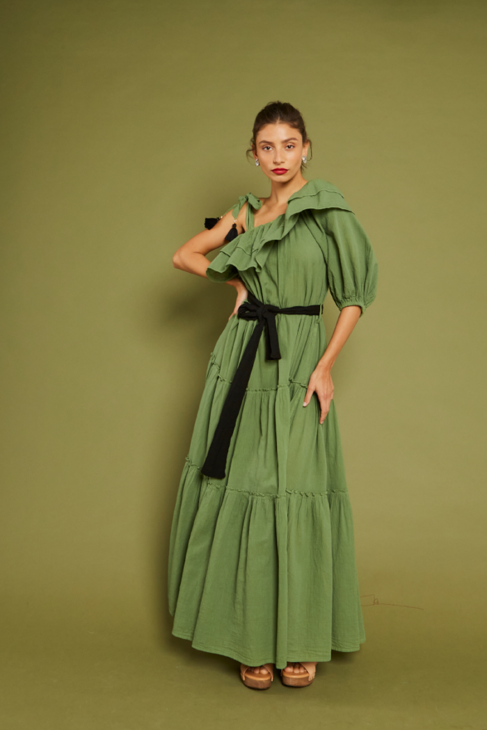 NEMA Ruffled Asymmetric Dress Olive